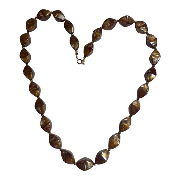Vintage Lucite Gold & Brown Beaded Swirl Necklace 23” Brass Hook Clasp Retro - Picture 3 of 7